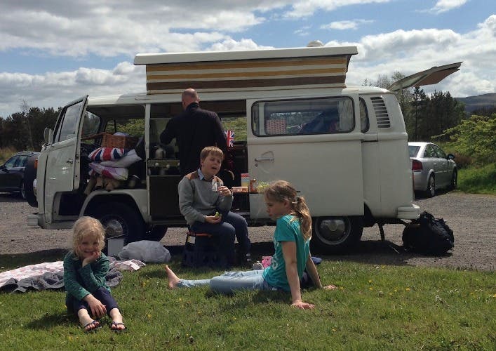 White with pop up roof Devon conversion, 1977 T2